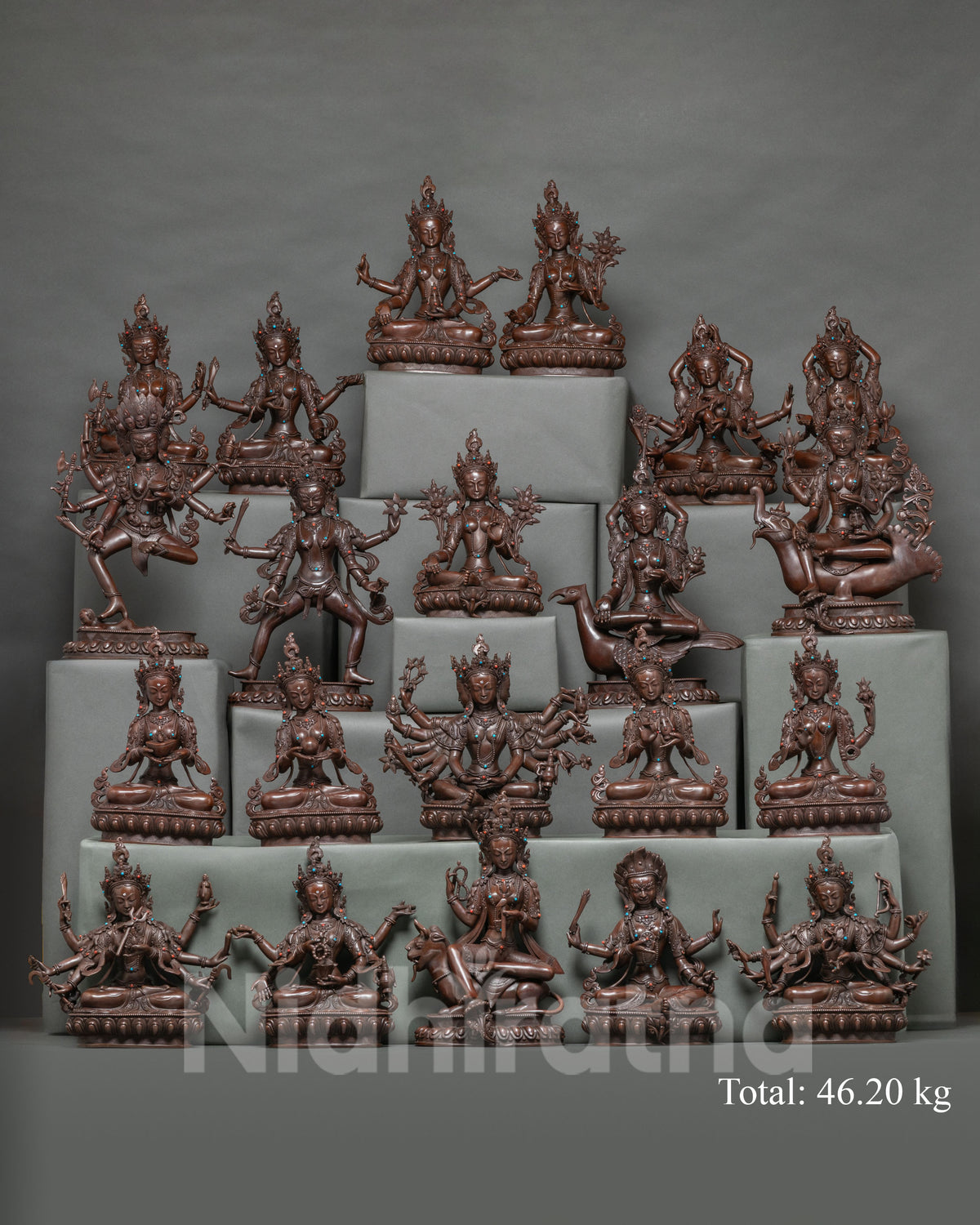 21 Tara statue set in oxidized copper, Surya Gupta tradition Buddhist sculptures from Nepal