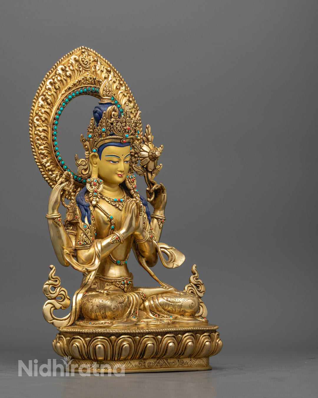 24K Gold Chenrezig Statue – Tibetan Avalokiteshvara Buddha for Meditation