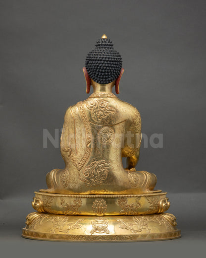 24K Gold Fire-Gilded Shakyamuni Buddha Sculpture on Double-Layered Lotus Seat with Treasure Vase