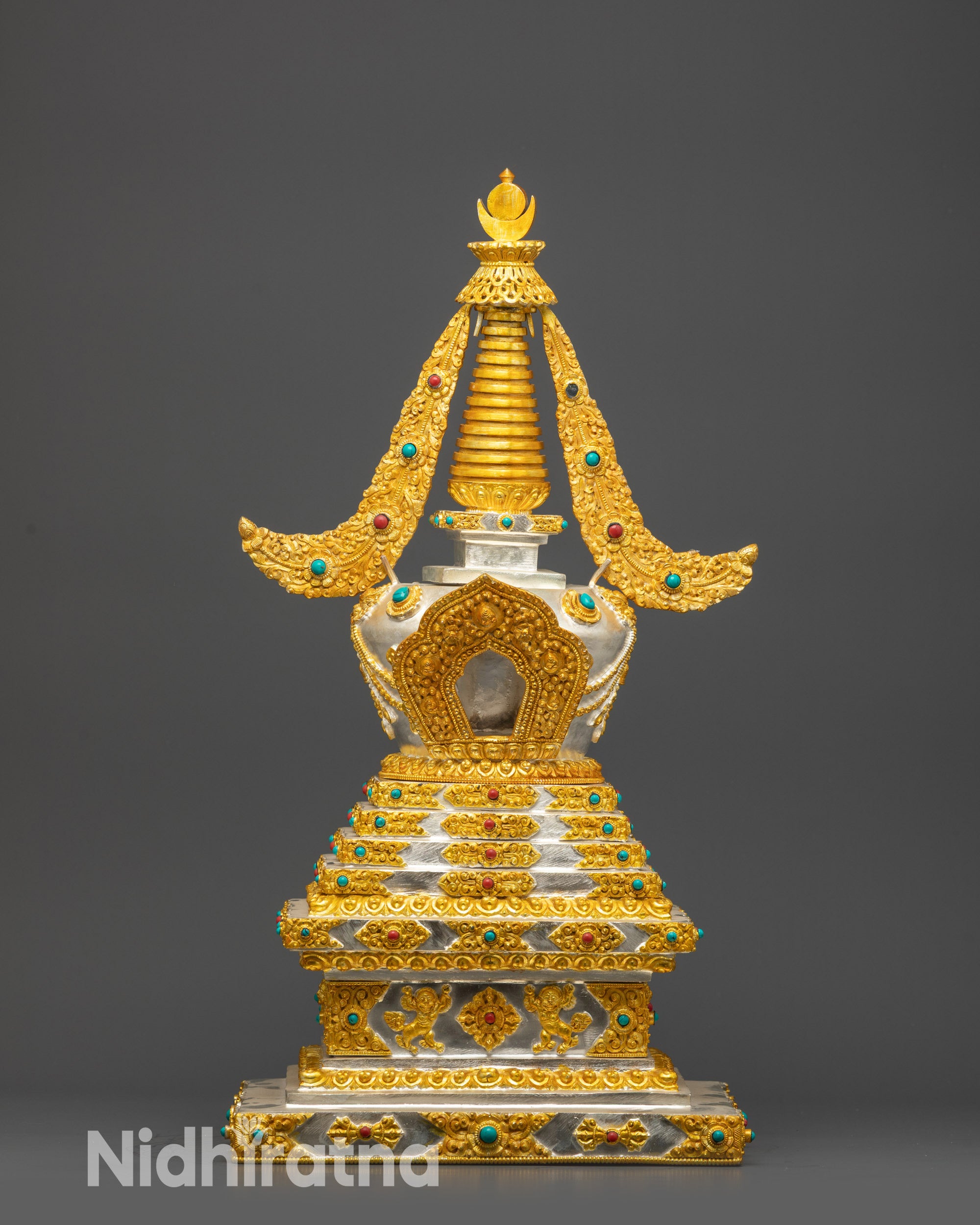 24K Gold and Silver-Plated Tibetan Stupa Handmade by Newari Artisans Nepal