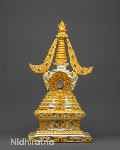 24K Gold and Silver-Plated Tibetan Stupa Handmade by Newari Artisans Nepal