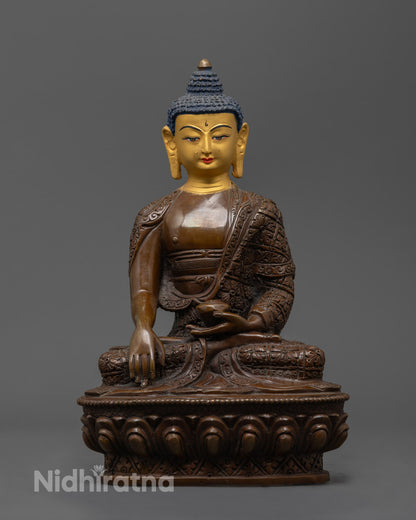24K gold-faced Shakyamuni Buddha statue in Bhumisparsha mudra, seated on oxidized copper lotus throne with hollow mantra chamber