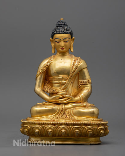 24K gold-gilded Amitabha Buddha statue in meditation pose on double lotus throne, hand-carved in Nepal with lapis lazuli inlay and sacred mantra chamber