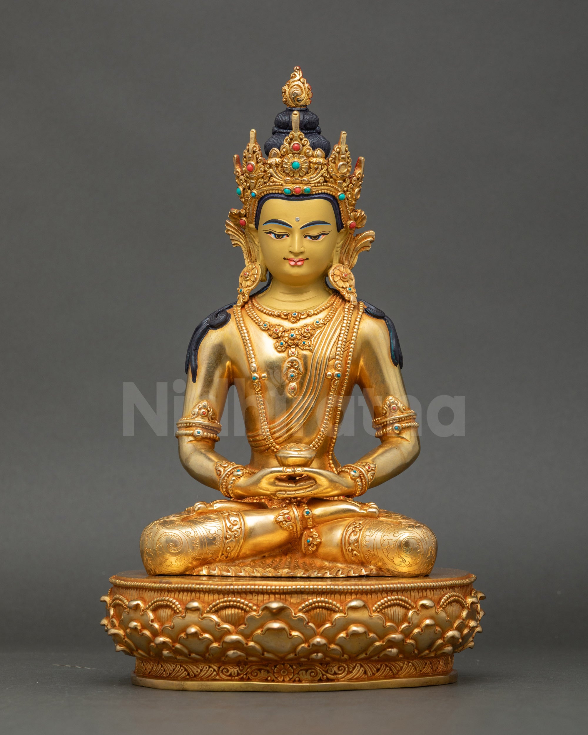 24K gold-gilded Crowned Amitabha Buddha statue from Patan Nepal, handcrafted lost-wax sculpture for altar, meditation, and Pure Land devotion. Discover peace.