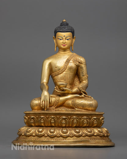 24K gold-gilded Shakyamuni Buddha statue in meditation pose, seated on lotus throne with semi-precious stone accents, hand-carved in Nepal