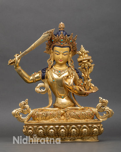 24K gold fire-gilded Manjushri statue with wisdom sword and lotus flower, Tibetan Buddhist sculpture