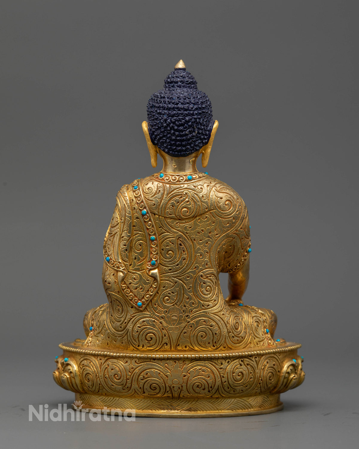 24K fire gilded Shakyamuni Buddha sculpture with turquoise inlay and floral robe motifs