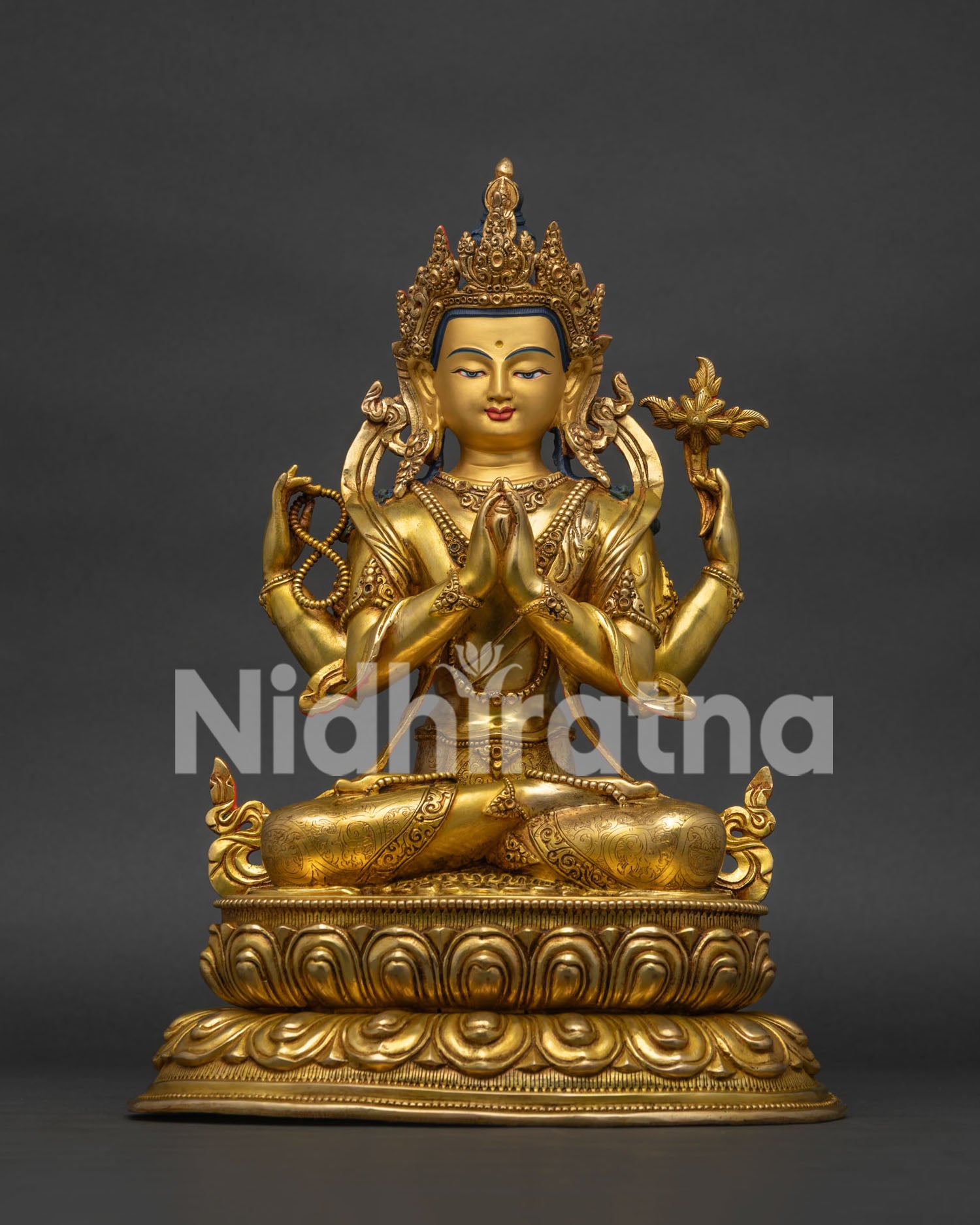 24K Gold 4-Armed Chenrezig Statue, Handcrafted Nepalese Copper Avalokiteshvara - Front View
