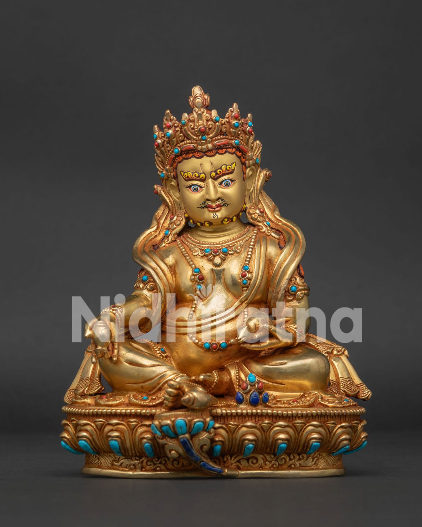 24K gold Dzambhala statue handcrafted in Nepal with turquoise and coral inlays
