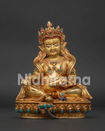 24K gold Dzambhala statue handcrafted in Nepal with turquoise and coral inlays