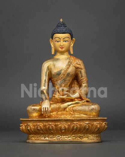 24K gold fire-gilded Buddha statue in earth-touching Bhumisparsha mudra, copper Dhyani Buddha figurine