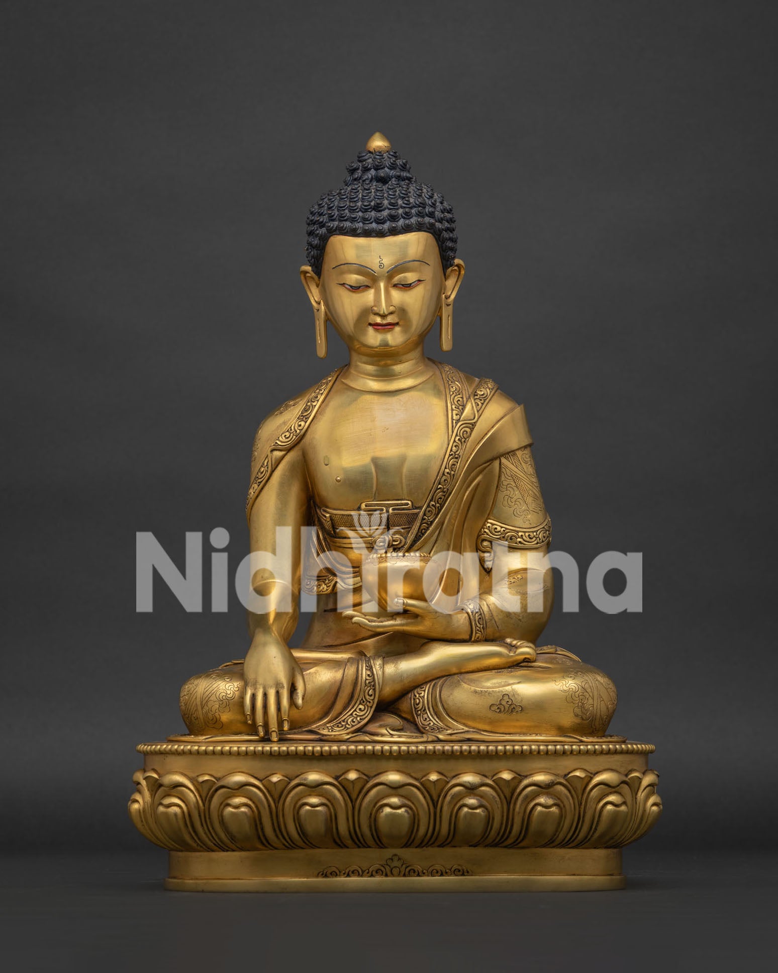 24K Gold Fire-Gilded Shakyamuni Buddha Statue on Lotus Pedestal | Handcrafted in Nepal