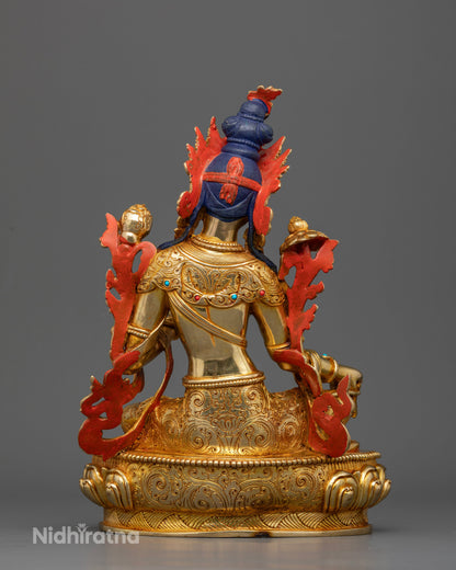 24K gold gilded Green Tara sculpture showcasing traditional Newari craftsmanship for Buddhist altars and meditation.