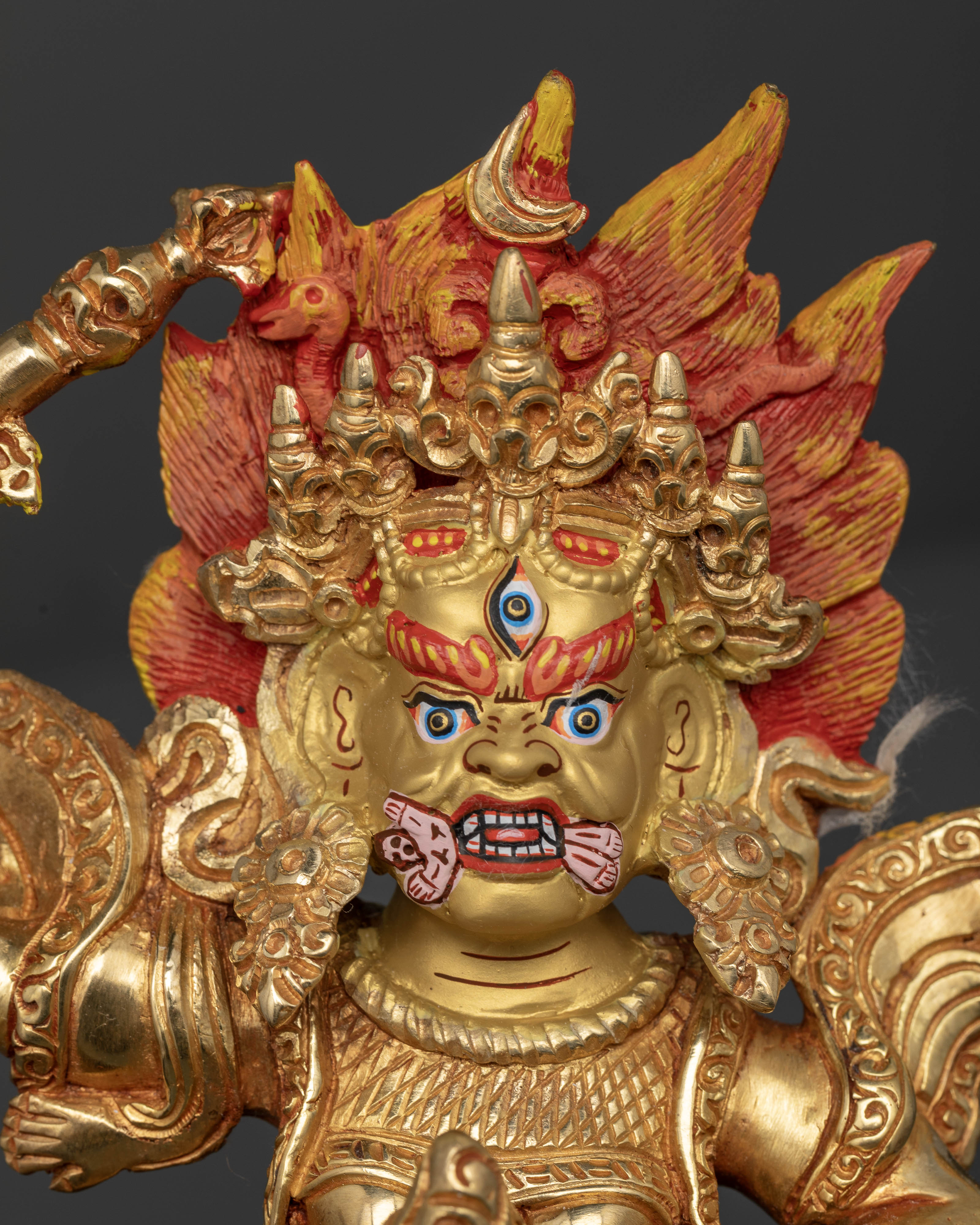 24K gold gilded Palden Lhamo statue with gold painted face and fierce expression