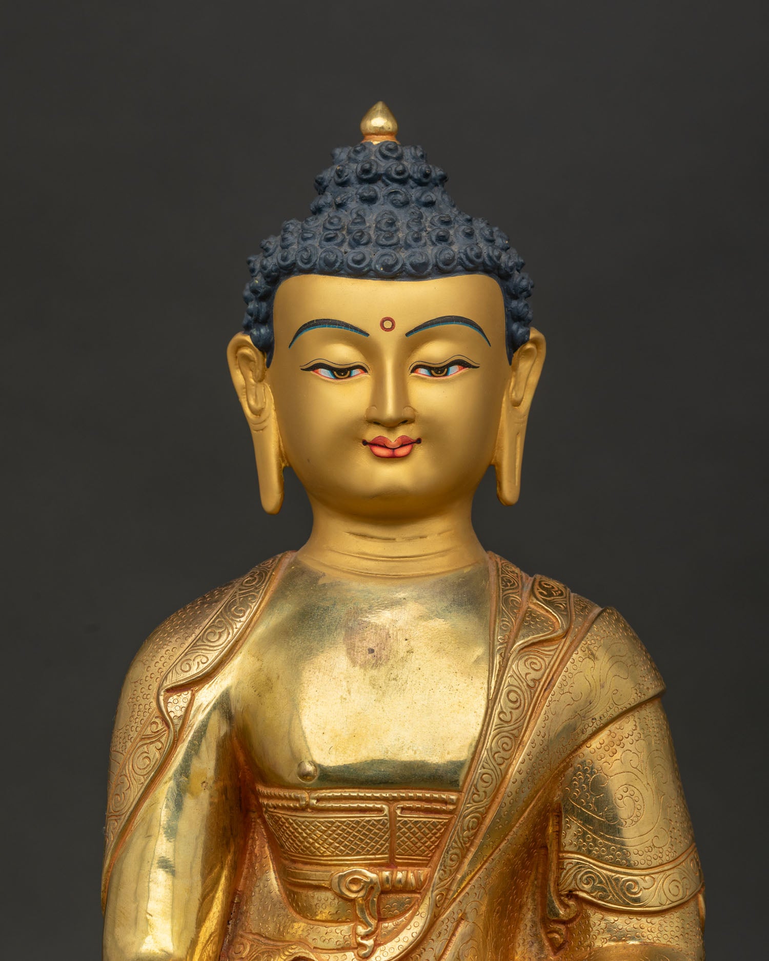 24K gold-gilded Shakyamuni Buddha Statue close-up handcrafted by Newari artisans