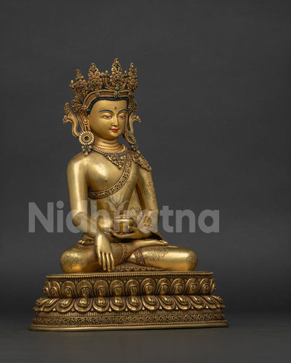 24K gold gilded Shakyamuni Buddha statue with five jewel crown and semi precious stone inlays