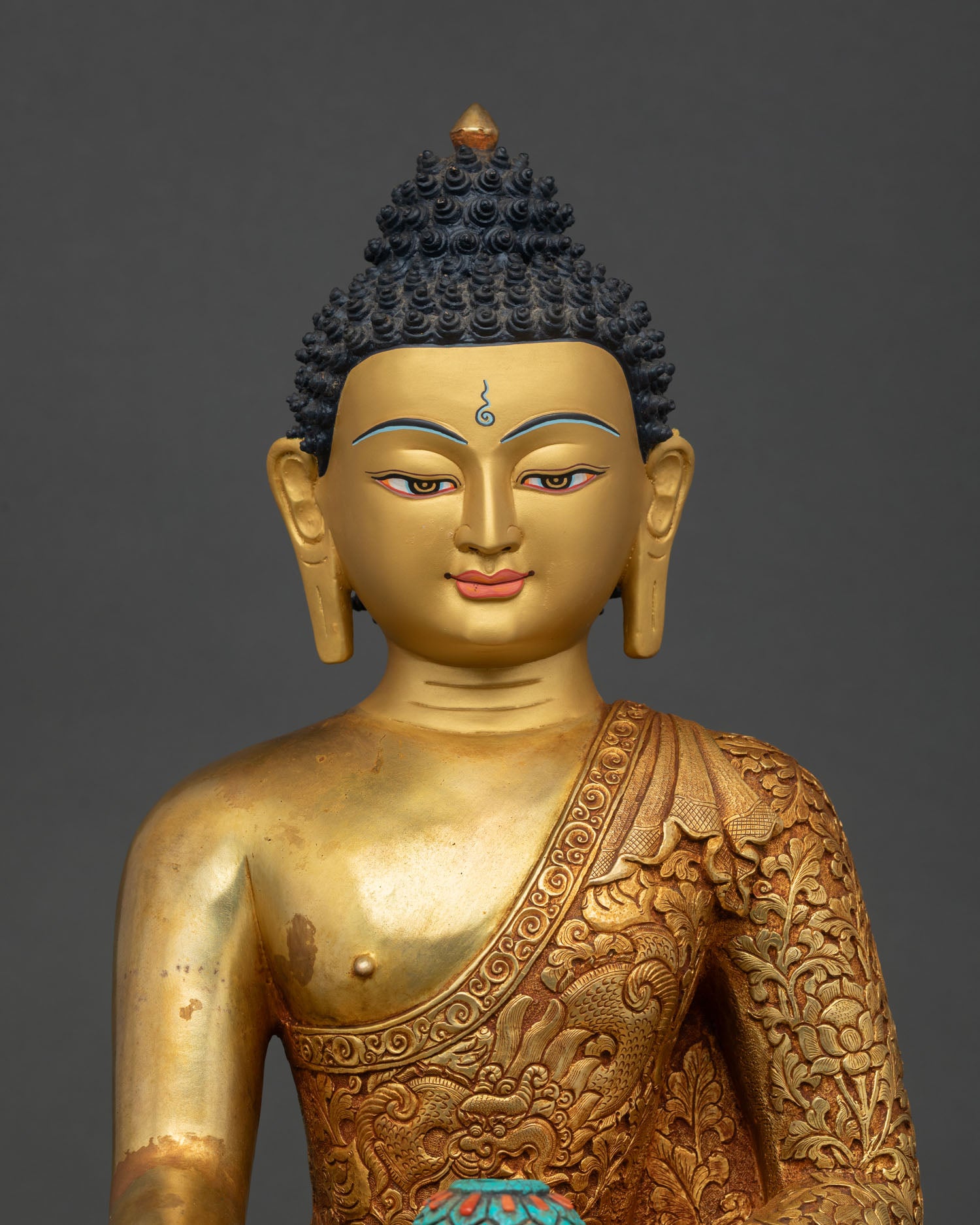 24K Gold Gilded Shakyamuni Buddha Statue with Turquoise Bowl Close Up