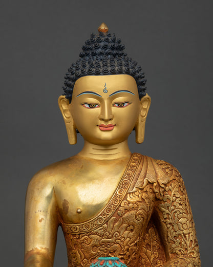 24K Gold Gilded Shakyamuni Buddha Statue with Turquoise Bowl Close Up