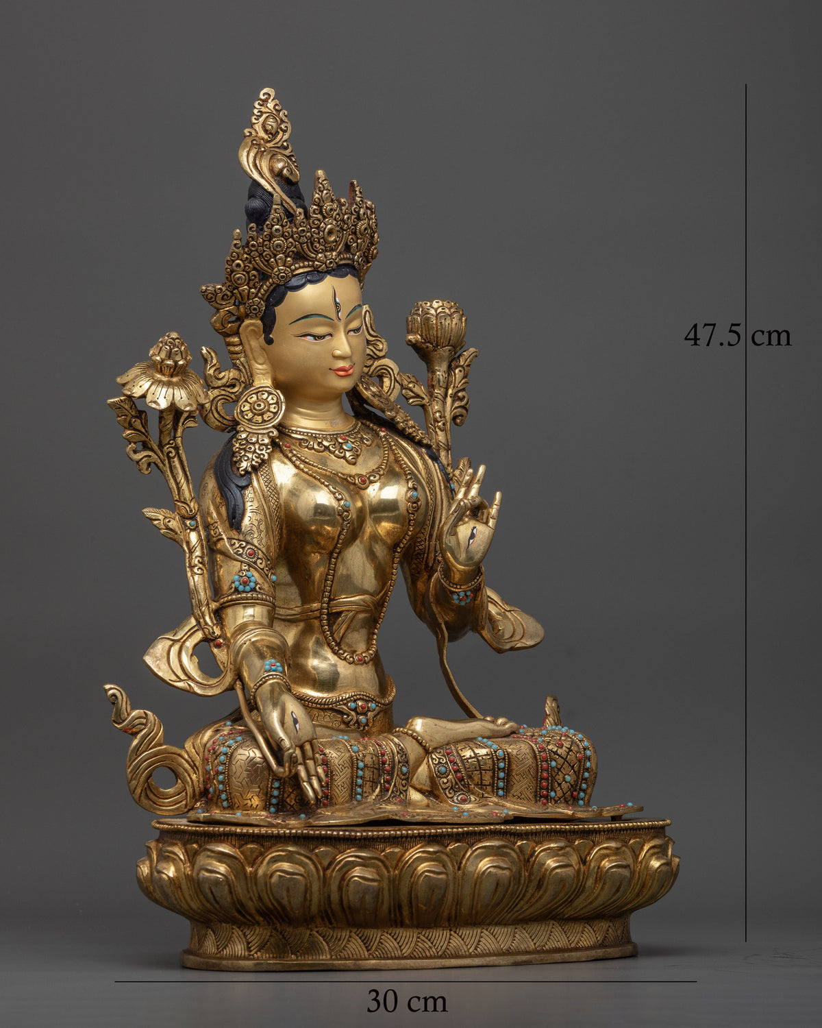 24K gold-gilded White Tara statue with intricate crown details