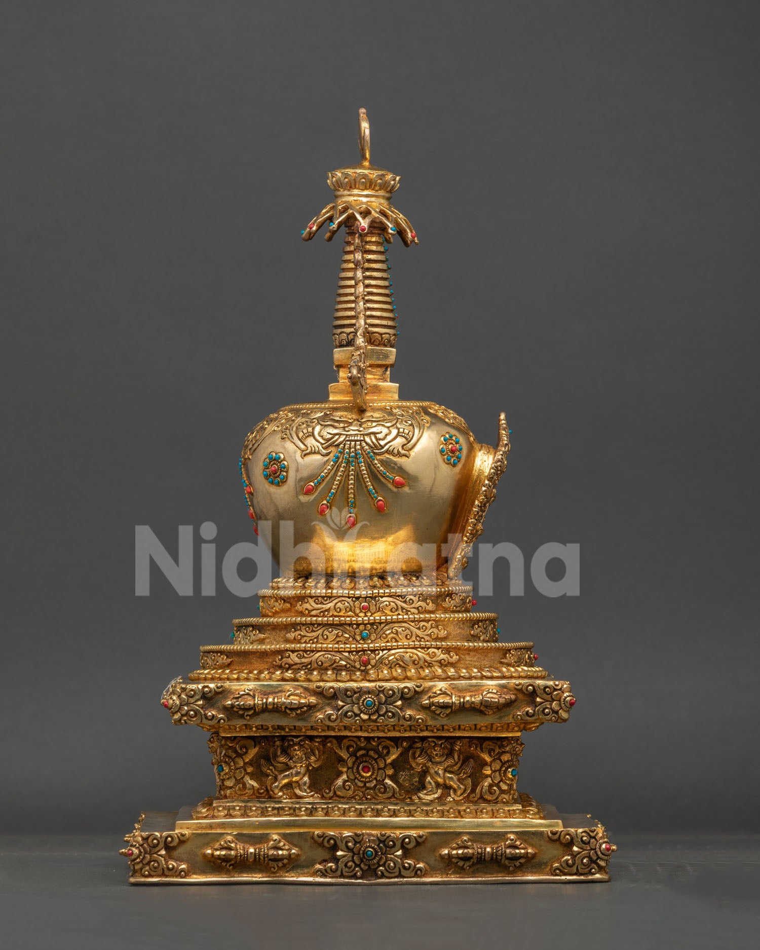 24K gold-plated Namgyalma Buddhist Stupa with turquoise and coral stones