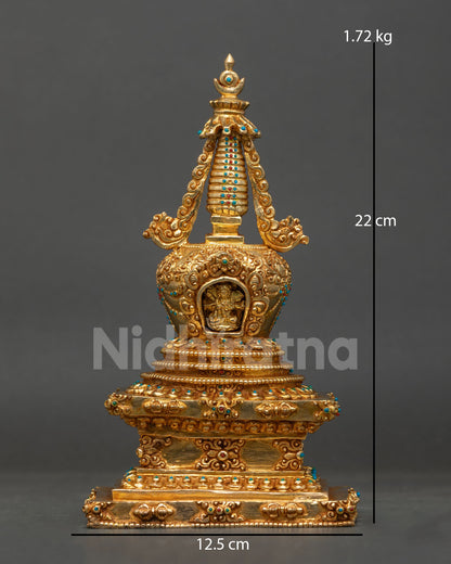 24K gold-plated Namgyalma Stupa adorned with turquoise and coral stones