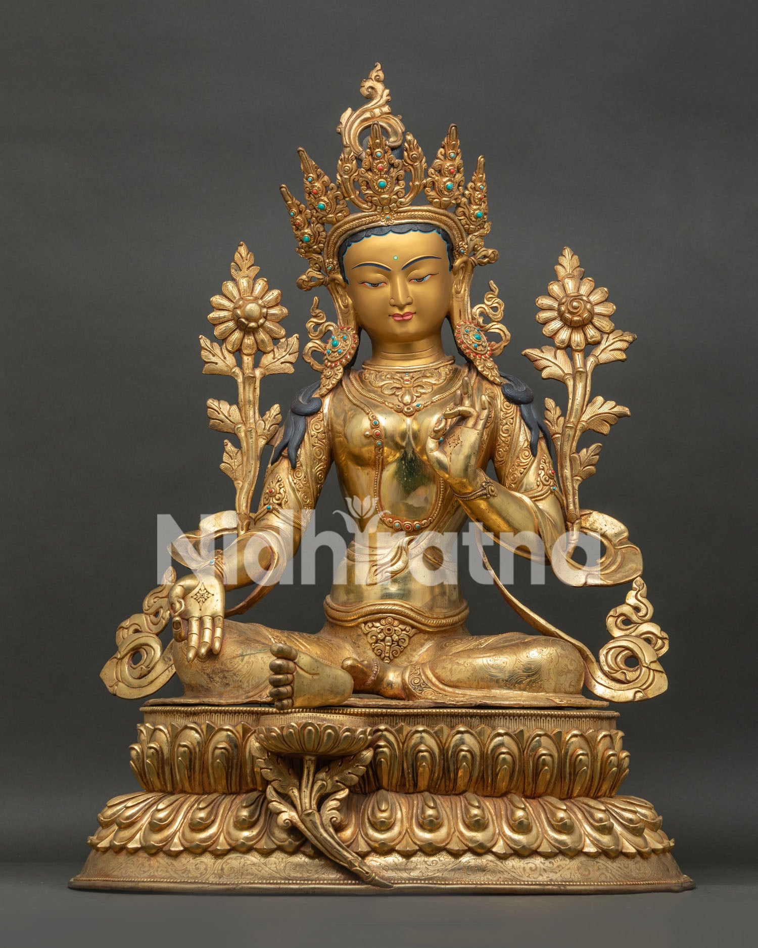 26-Inch Green Tara Statue Gold Fire Gilded Copper Handcrafted Nepal Lotus Pedestal Front View