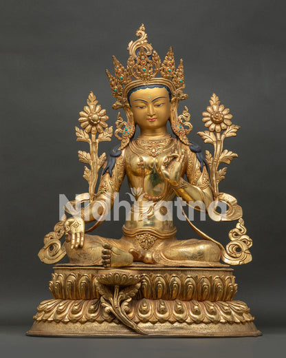 26-Inch Green Tara Statue Gold Fire Gilded Copper Handcrafted Nepal Lotus Pedestal Front View