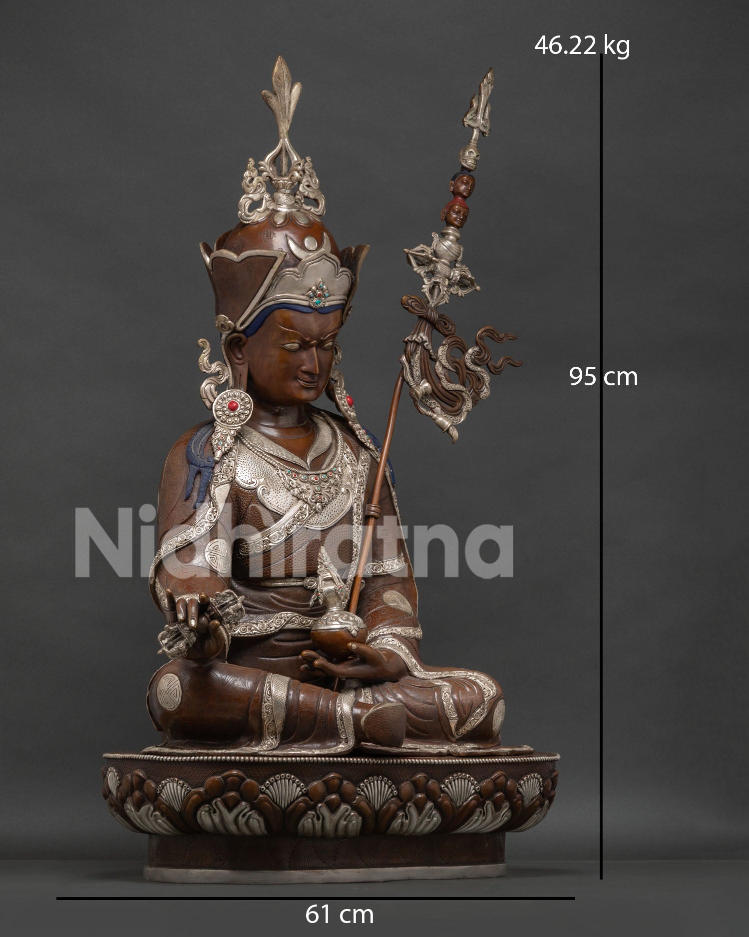 37-inch Guru Rinpoche Padmasambhava statue with measurement dimensions and weight.