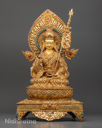 Sacred Padmasambhava Statue on Throne: Unique Nepalese Sculpture