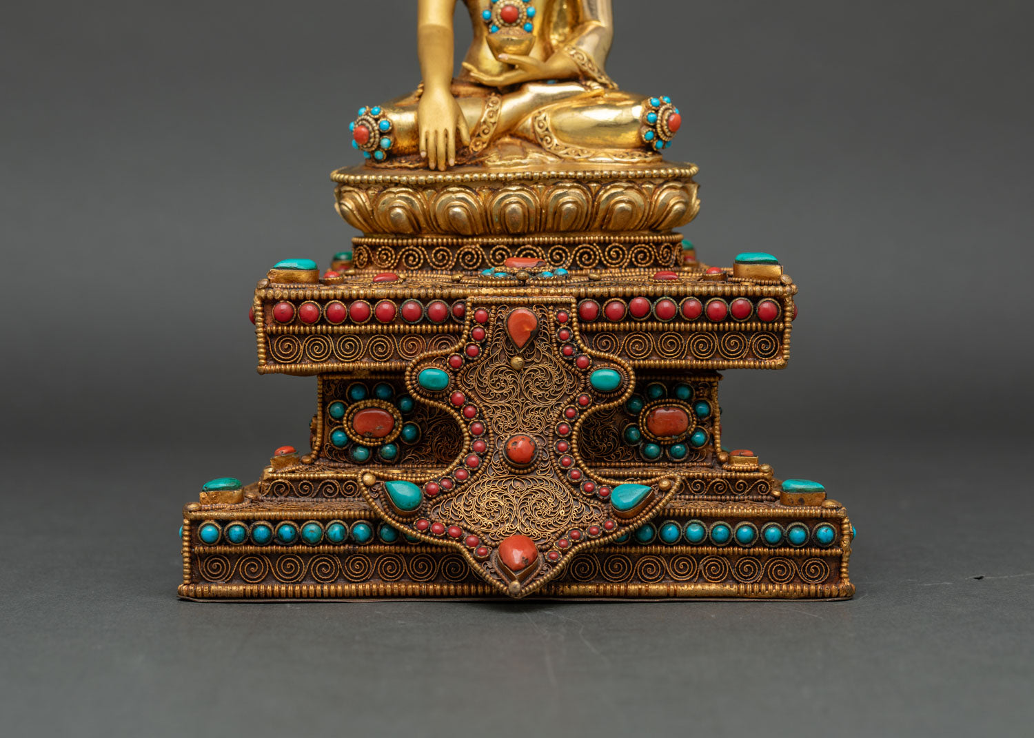 Buddha Shakyamuni Statue on Ornate Throne | Spiritual Altar Art