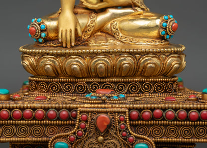 Buddha Shakyamuni Statue on Ornate Throne | Spiritual Altar Art
