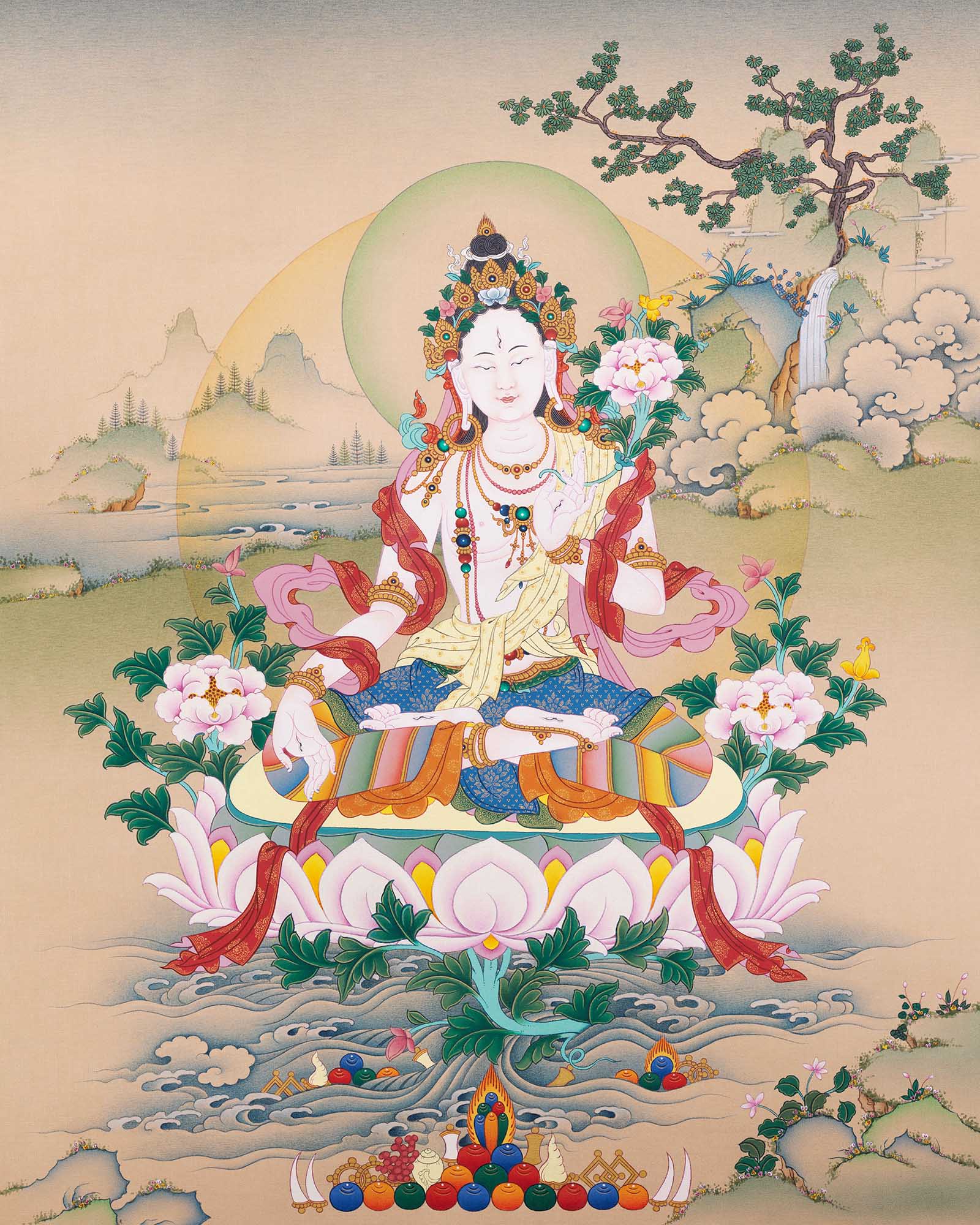 White Tara Thangka Print from Nepal for Meditation & Spiritual Decor