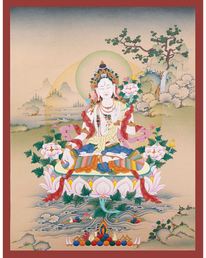 White Tara Thangka Print from Nepal for Meditation & Spiritual Decor