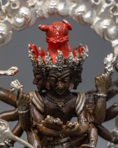 Acrylic painted Chakrasamvara statue featuring intricate details oxidized copper body and traditional tantric iconography