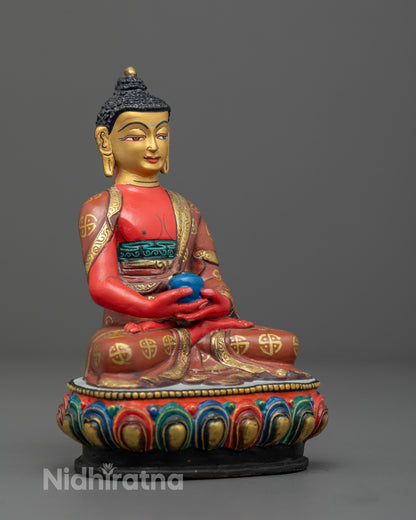 Amida Buddha holding monk's bowl standing on moon disc and lotus throne with mantra chamber