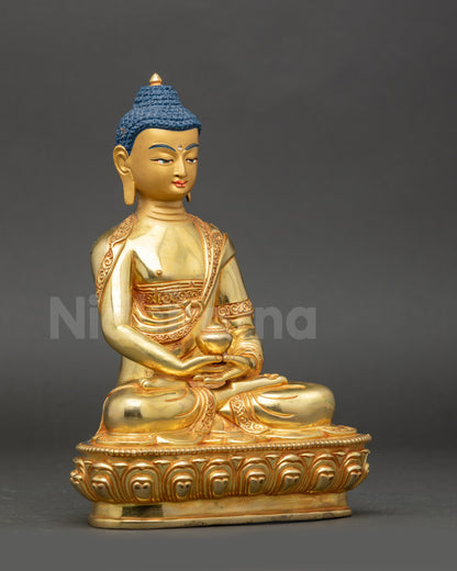 Amida Nyorai Buddha seated on lotus throne holding monk’s bowl, golden highlights