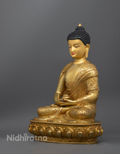Amitabha statue showcasing the symbolic mudra, detailed garment patterns, and spiritual presence in traditional Nepalese style
