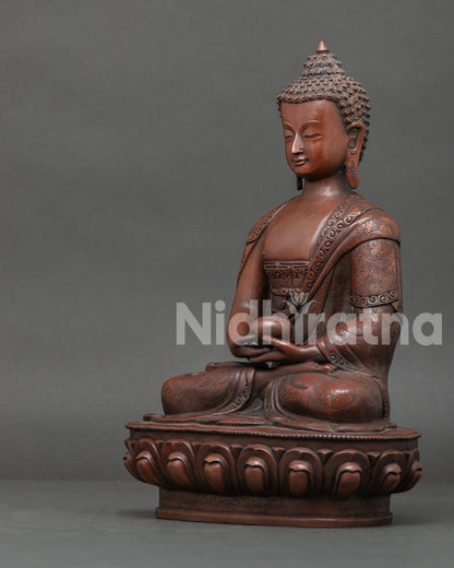 Amitabha Buddha side view seated on lotus throne flowing robe details handcrafted Nepal statue for meditation room and sacred spiritual space.