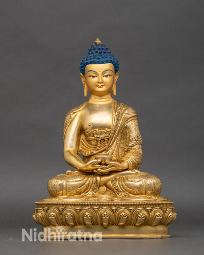 Amitabha Buddha statue handcrafted from copper with 24K gold fire-gilding, full view