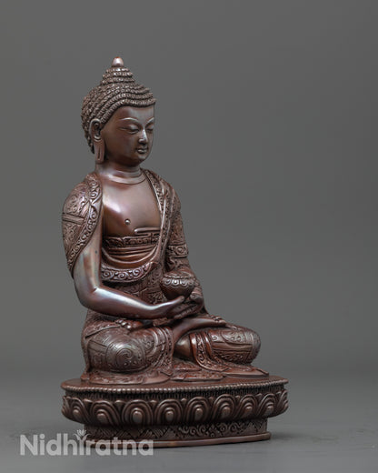 Side angle of Oxidized Amitabha Buddha wearing monk’s robe in dhyana mudra pose