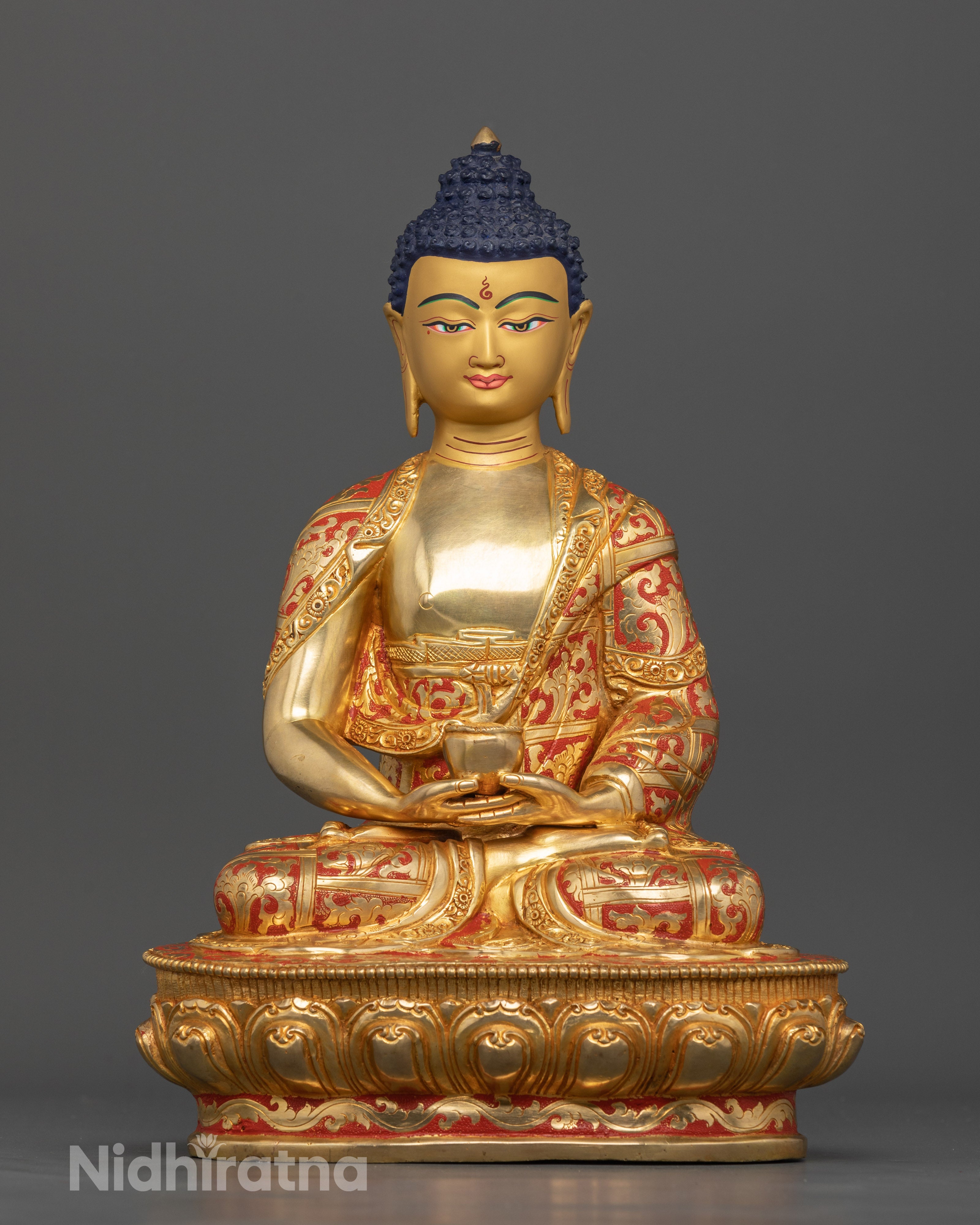 Amitabha Buddha Altar Statue seated on lotus, gold fire-gilded, Nepalese handmade art