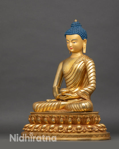 Left-side view of Amitabha Buddha statue, seated on double-layered lotus, gold detailing