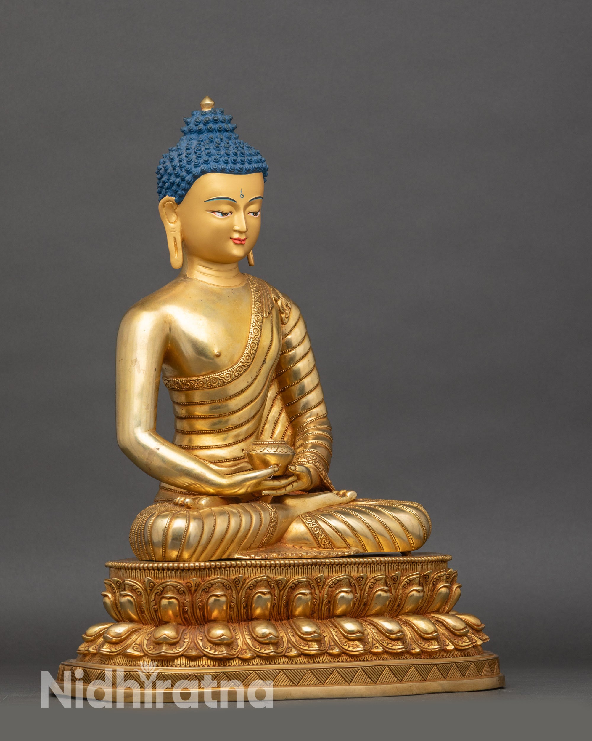 Right-side view of Amitabha Buddha, copper and gold statue, traditional lost-wax casting