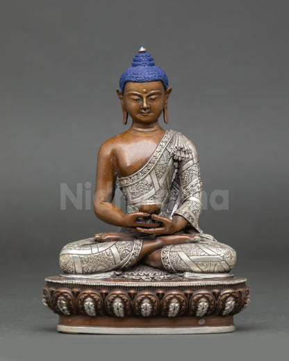 Amitabha Buddha Statue from Nepal in copper with a silver-plated monk robe seated on a lotus meditation seat