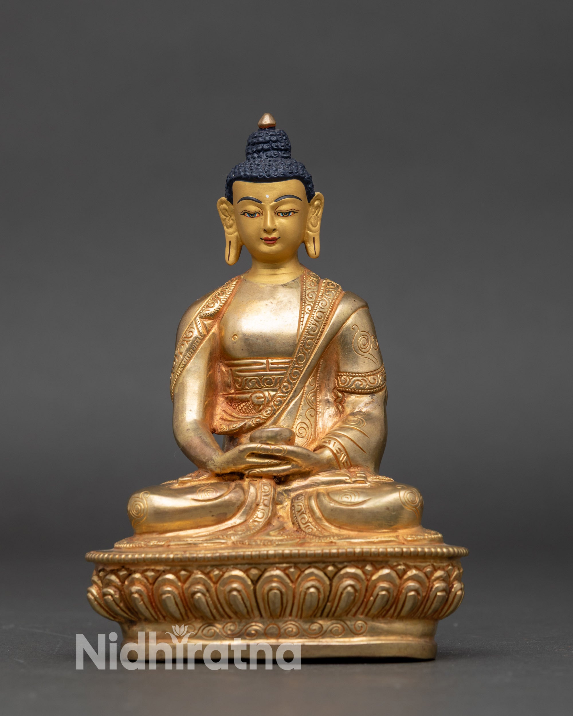 Amitabha Buddha Statue front view, gold fire-gilded with 24K gold face on lotus throne