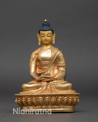 Amitabha Buddha Statue front view, gold fire-gilded with 24K gold face on lotus throne