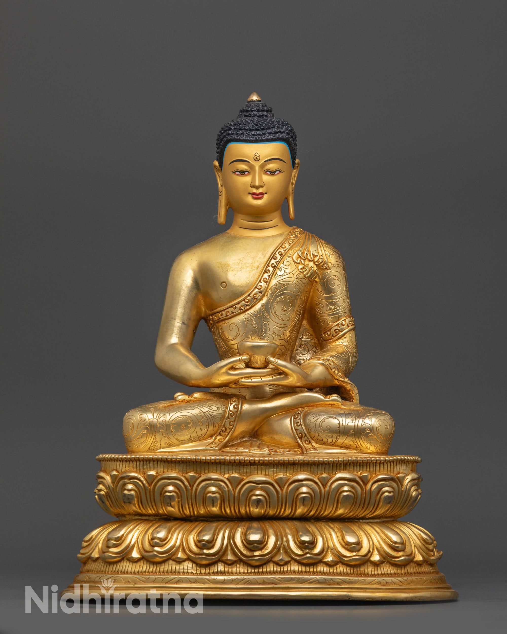 Amitabha Buddha Statue front view with 24K gold gilded face and lotus seat
