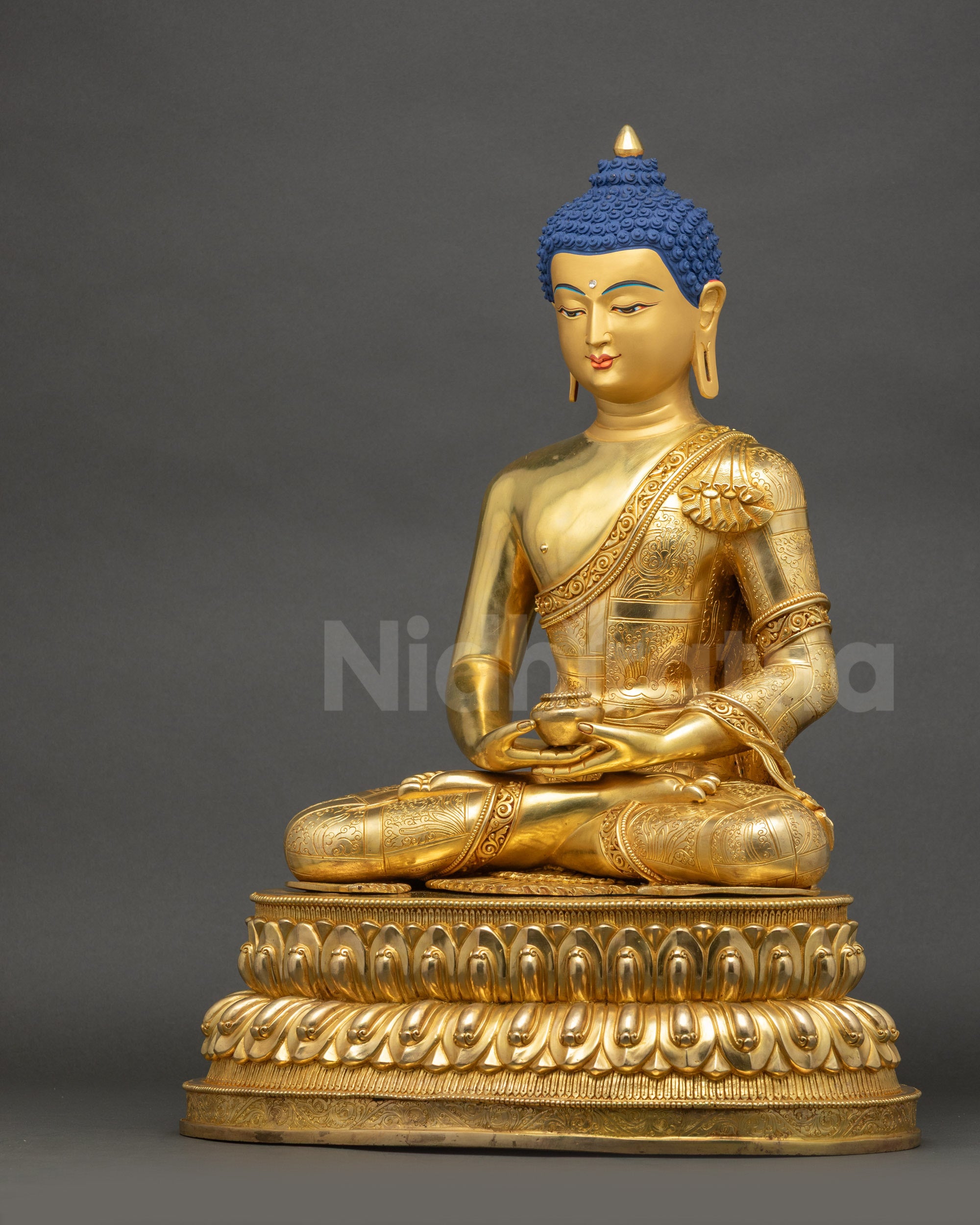 Amitabha Buddha Statue left side view highlighting robe and serene features