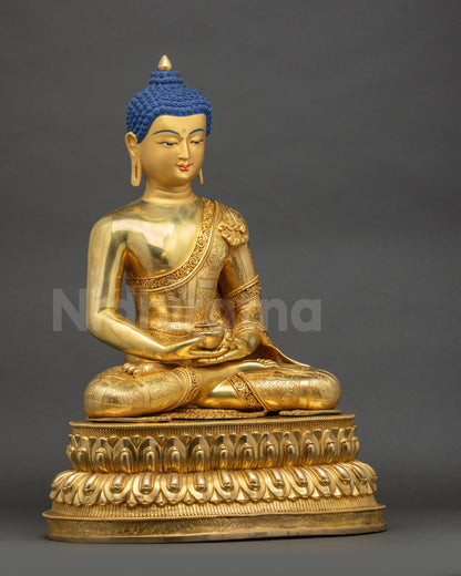 Amitabha Buddha Statue right side view showing lotus seat and gold accents