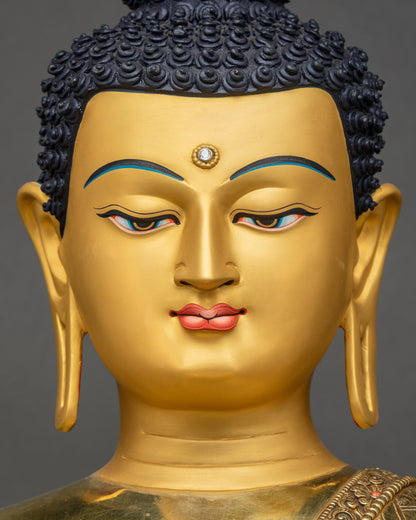 Amitabha Buddha detailed close‑up face gold‑painted serene meditation icon